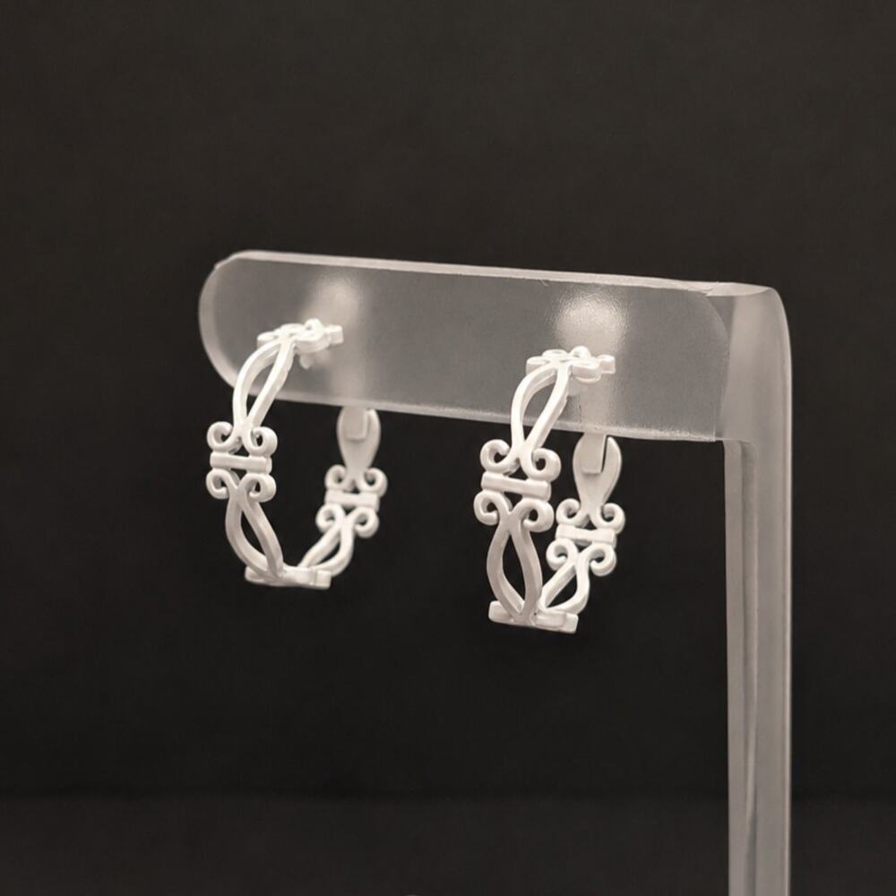 Vintage Clip On Earrings Ornate Off White Hoops 1 & 1/8" Whimsical Scroll Design